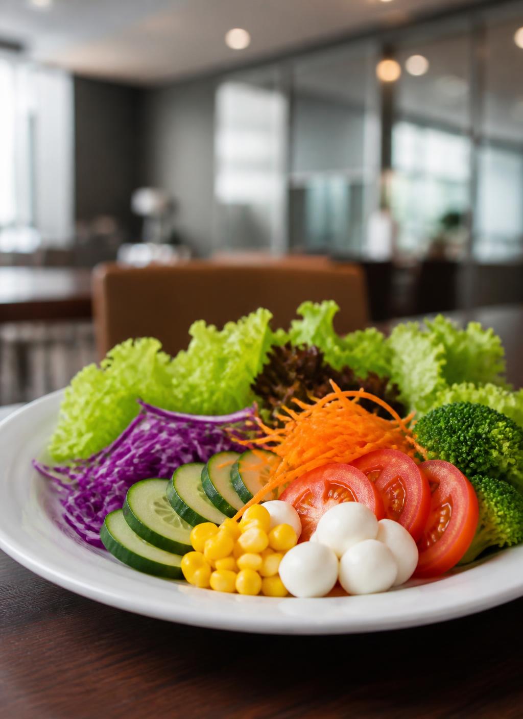 Prato de salada fresca com vegetais variados em restaurante corporativo