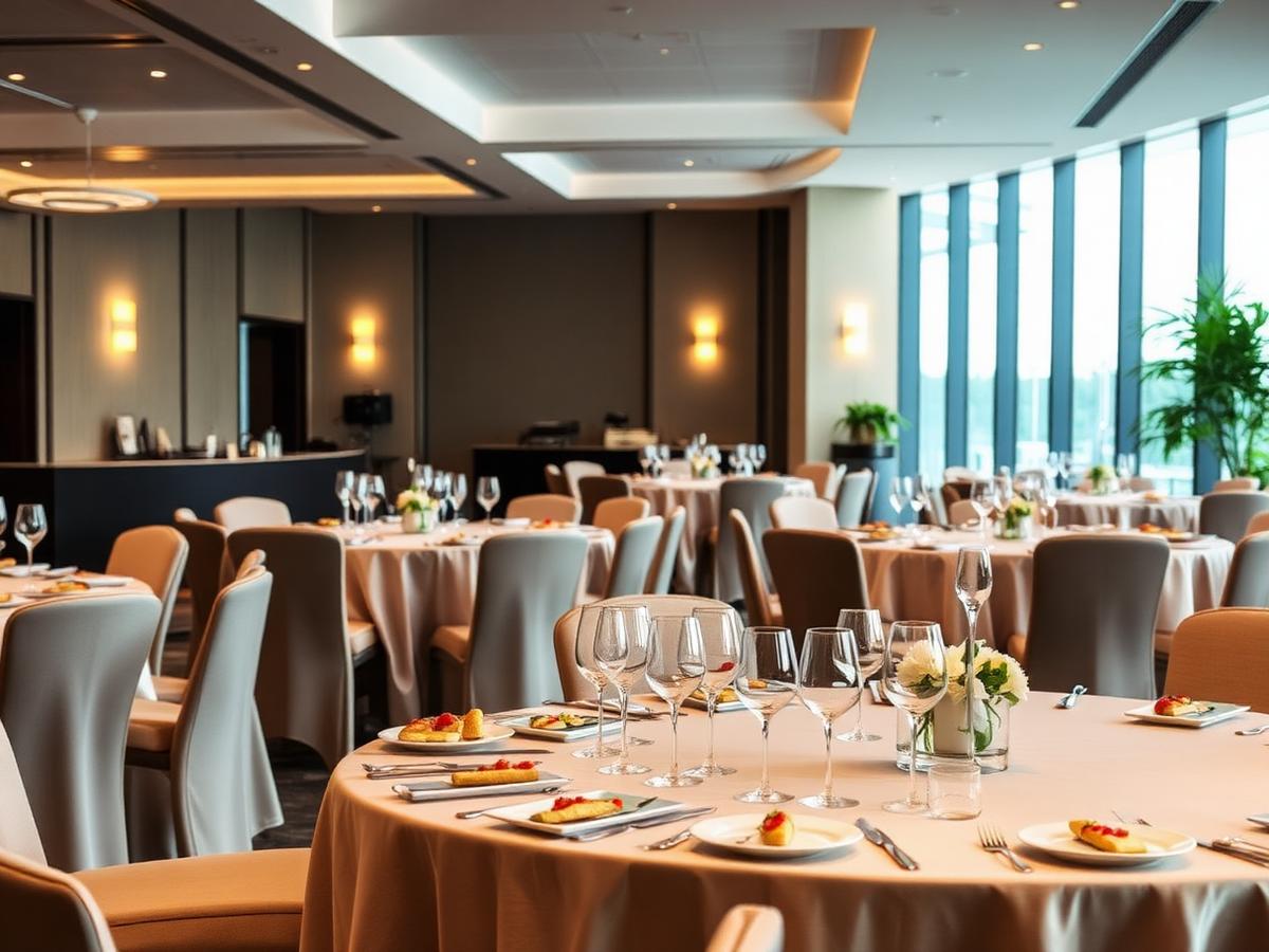Salão preparado para evento corporativo com mesas montadas