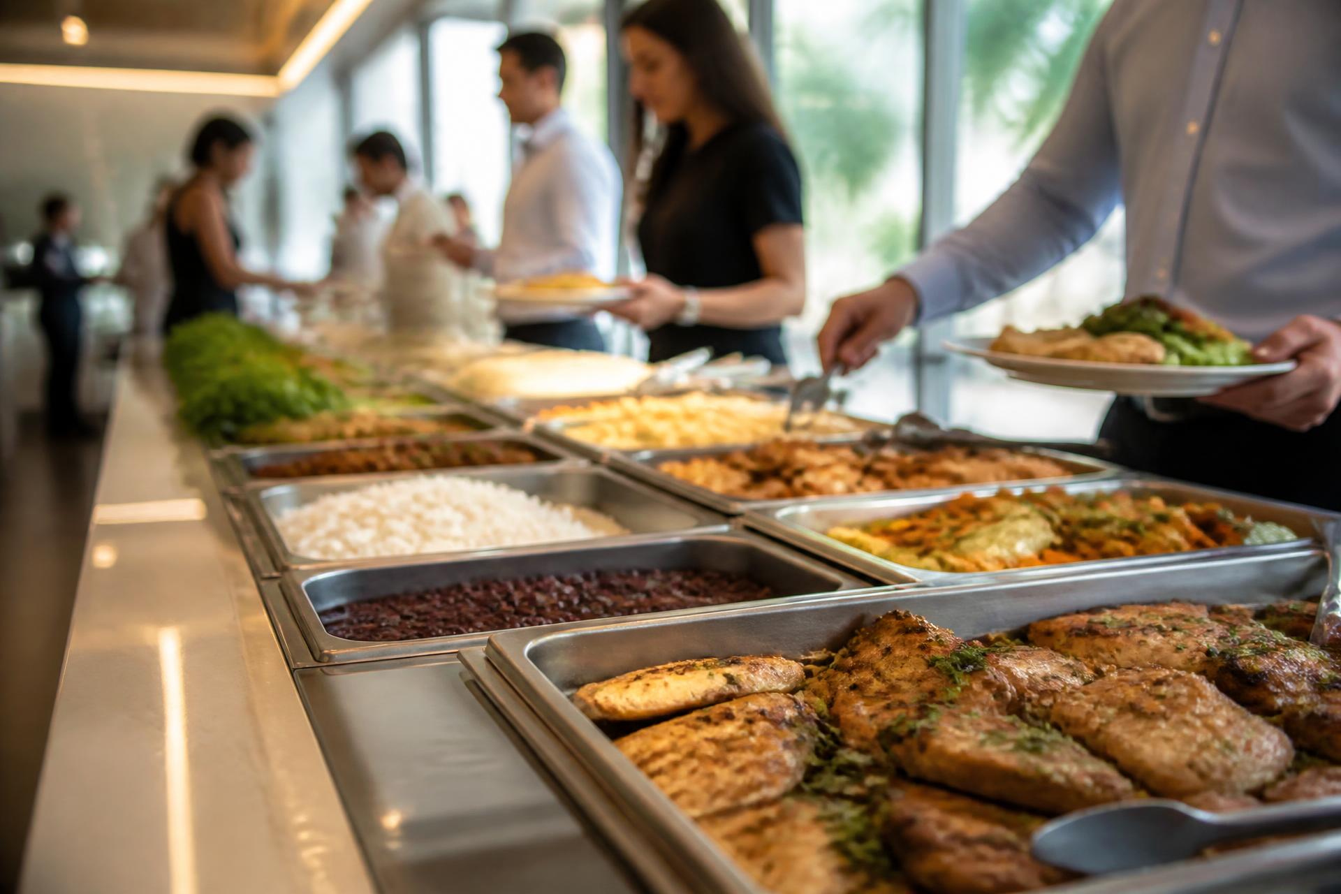 Buffet de restaurante corporativo com variedade de preparações e colaboradores se servindo